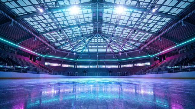 Empty indoor ice rink arena with reflective ice surface and modern ceiling architecture