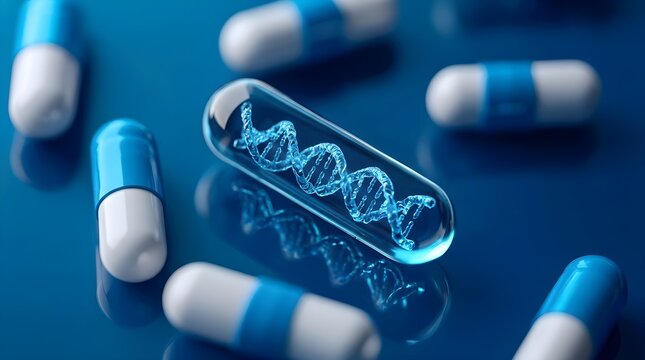 Blue Pharmaceutical Pills Surrounding a Clear Medical Capsule Containing a Glowing DNA Helix Structure for Genetic Research and Biotechnology
