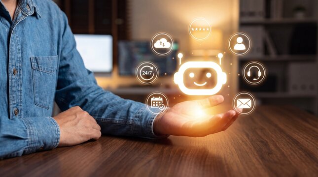 Man presenting glowing chatbot icon with service symbols with symbols floating above shirt holding glowing person blue shirt communication information application technology