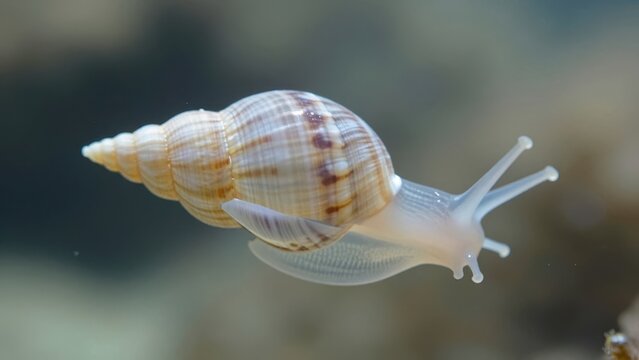 Small marine sea snail swimming underwater in ocean habitat with beautiful spiraled shell and translucent body against soft blurred seabed background in natural daylight