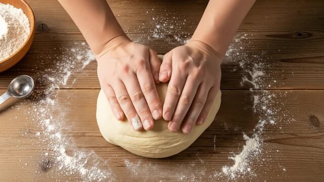 Hands press dough on a floured wooden surface next to a bowl of flour and a measuring spoon