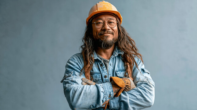 Skilled construction worker in protective hard hat and denim shirt standing proud