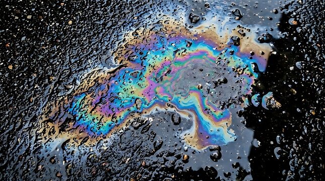Colorful oil slick rainbow pattern on wet dark asphalt surface