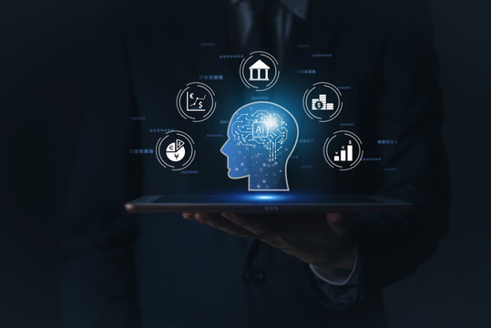 Businessman holding tablet artificial intelligence brain financial technology icons smart composite wealth management digital investment algorithmic trading global economy finance