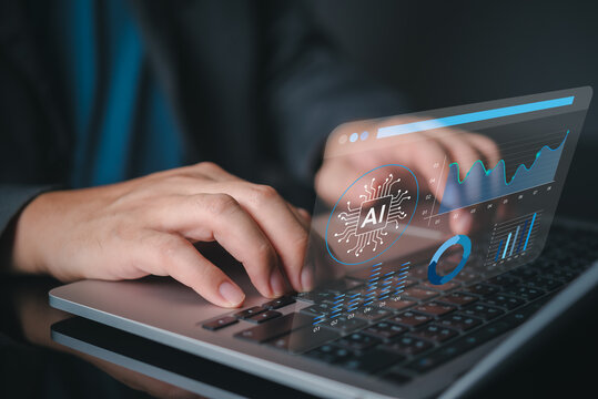 Data analyst using laptop artificial intelligence virtual screen financial chart graph workflow digital transformation corporate strategy modern trading system optimization