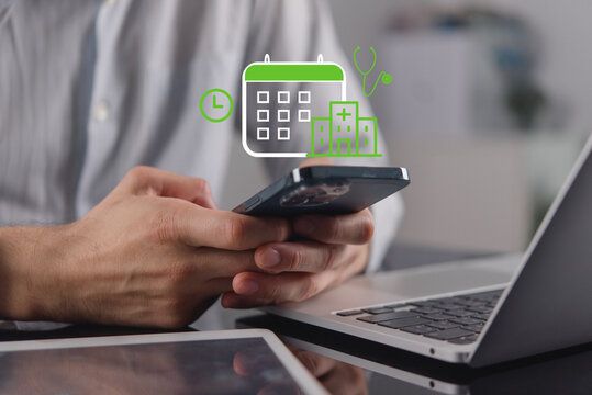 Patient holding mobile phone scheduling doctor consultation online hospital network workflow digital transformation modern healthcare management medical service booking