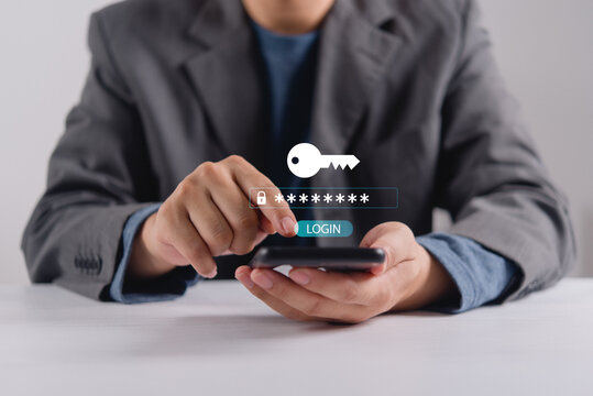 Person using smartphone displaying virtual login interface with key and password icons representing digital cybersecurity data privacy and online authentication access concepts