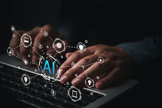 Professional typing on laptop displaying futuristic AI network nodes and cloud computing interface illustrating artificial intelligence machine learning and digital transformation concepts