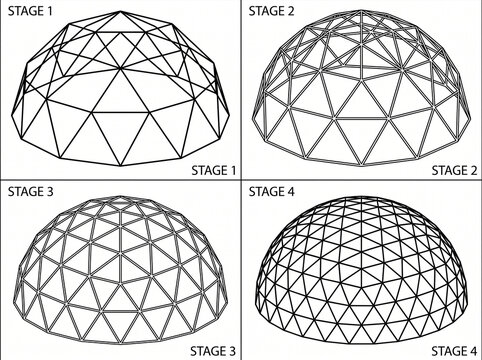 Geodesic dome engineering assembly stages illustration with geodesic engineering assembly illustration framework geometry architecture structural construction technical mathematics building