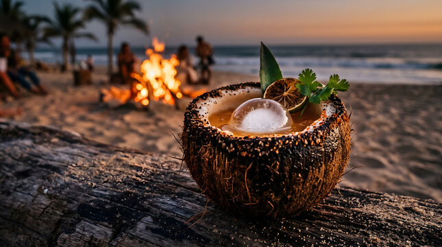 Mezcal Cocktail in Cracked Coconut Shell with Worm Salt Rim and Ice Sphere