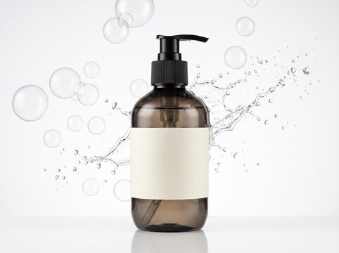 Realistic product photo of a smoky brown translucent plastic pump bottle, black ribbed pump head, blank label area, isolated white background, delicate soap bubbles and light water splash floating