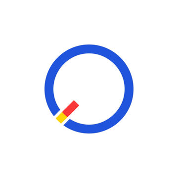 Abstract geometric letter Q circle vector logo design isolated on white background, minimalist blue round icon with a dynamic red and yellow diagonal bar symbol for corporate identity.