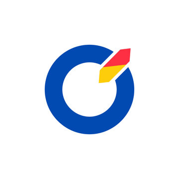 Abstract geometric letter O or circle vector logo design isolated on white background, minimalist blue round icon with a dynamic red and yellow crystal arrow symbol for corporate identity.