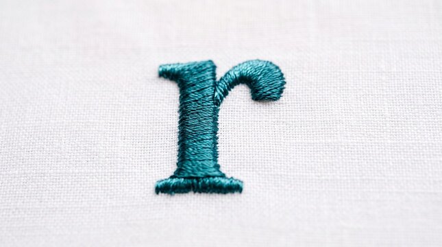 Turquoise Embroidered Lowercase Letter R on White Fabric, Handmade Textile Alphabet Design