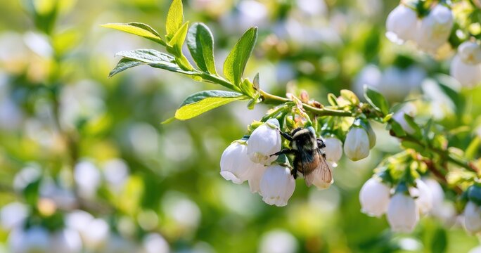 A fuzzy insect pollinates tiny white bell-shaped flowers on a green branch