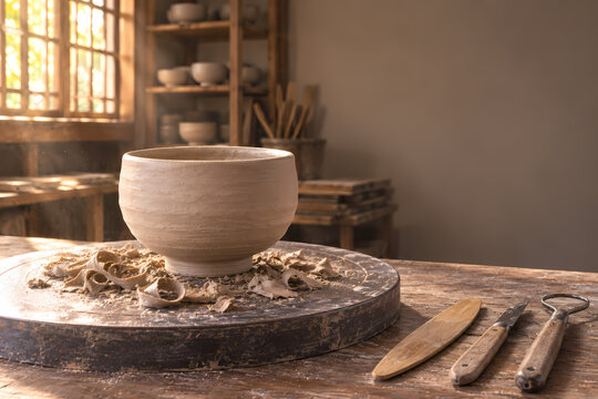 Unfinished Japanese Tea Bowl on Pottery Trimming Wheel in Traditional Mino Ware Studio
