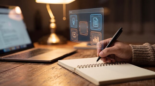 Person writing in notebook with digital icons floating with laptop lamp background person hand holding pen over notebook person s productivity technology innovation with creativity