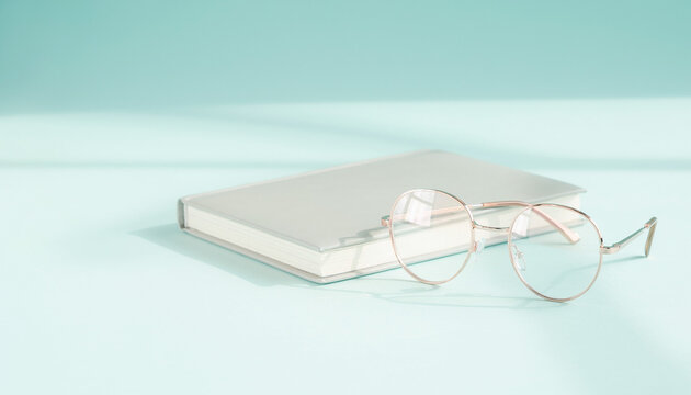 Back to School concept featuring a single pair of round eyeglasses resting on a notebook against a pale blue background for minimal education

