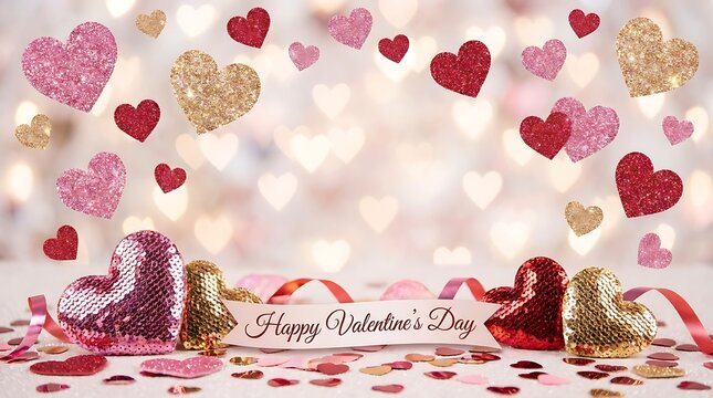 Happy valentines day banner with sequin hearts and festive ribbons on white surface.