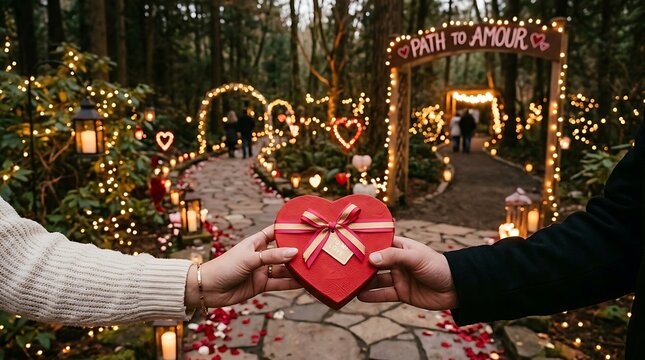 Couple hands holding red heart shaped gift box at path of amour in beautiful illuminated forest.