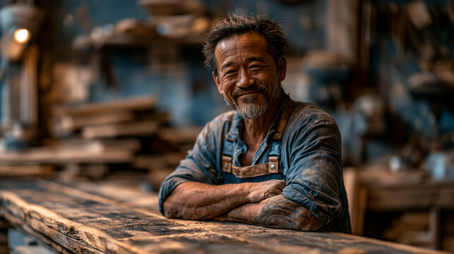 Portrait of a mature male carpenter smiling at his workbench in a woodworking shop