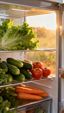 fridge full of vegetables, ruits and foods