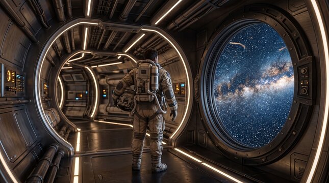 Astronaut in spaceship corridor gazing at starry galaxy through porthole window with corridor looking space travel space suit astronautics exploration technology spacecraft