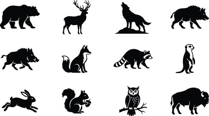 Obraz premium Distinctive Wildlife Black Silhouette Graphic Asset Collection Comprising Charging Boar Howling Wolf Sitting Fox Running Rabbit Alert Meerkat and Horned Buffalo Emblems