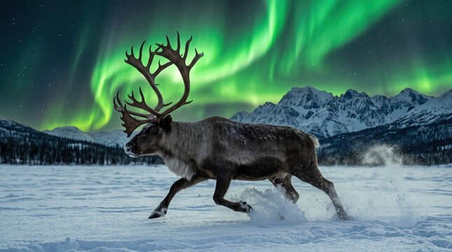 Reindeer running across snowy plain with powerful antlers under swirling green aurora and rugged mountain backdrop, dynamic motion in arctic winter night