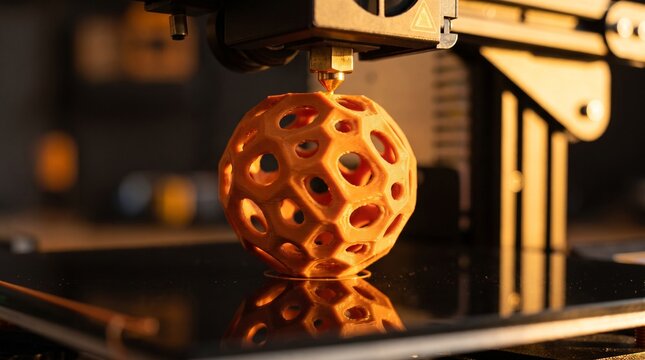 3d printer nozzle printing orange sphere with honeycomb structure with fused deposition modeling additive manufacturing rapid prototyping technology industrial production