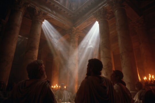 Exploring the ancient Roman senate chamber with marble columns, light beams, and figures in discussion during a ceremonial gathering