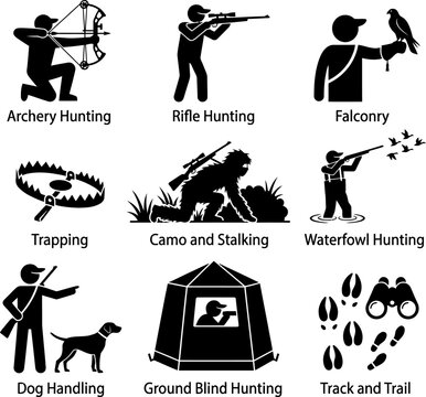 Diverse hunting methods depicted with minimalist stick figures and icons in a clean layout