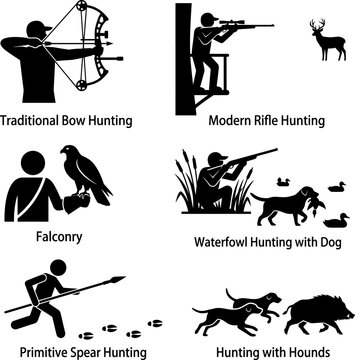 Diverse hunting methods including bow rifle falconry and primitive spear techniques