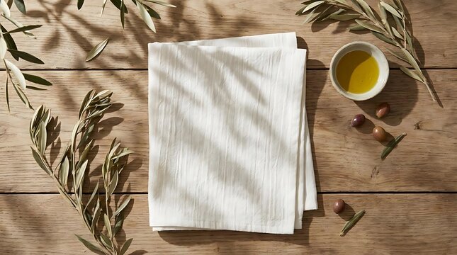 Folded white fabric with olive oil and branches on wood
