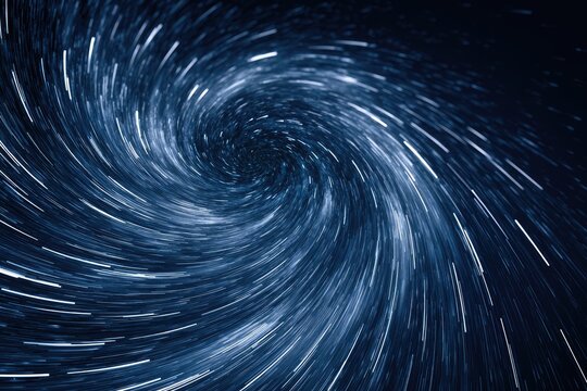 A deep blue vortex of streaking white light creates a cosmic spiral