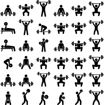 Diverse male figures performing weightlifting exercises in a clean graphic pattern with ample copy space