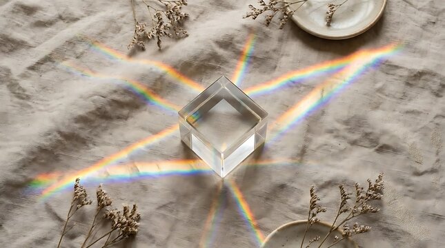 Geometric crystal refracting sunlight creating colorful rainbow patterns on fabric
