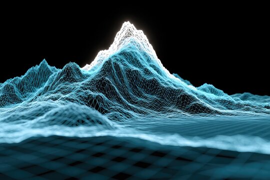 Abstract glowing blue wireframe mountain range against a black background