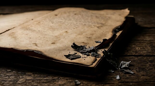 Old burnt book with damaged pages on wooden surface close up