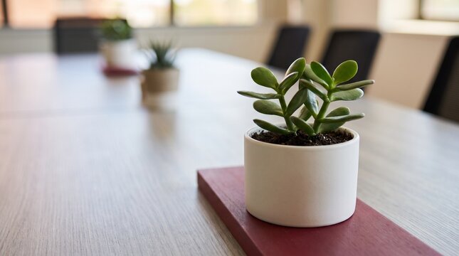 Succulent plant in white pot on red placemat in office setting with placemat atop large wooden table office small succulent minimalist background interior leaves nature with serene