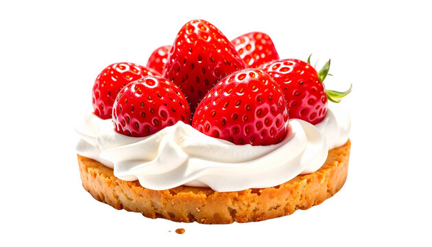 Fresh strawberry shortcake topped with whipped cream and ripe strawberries, vibrant colors, realistic texture, isolated on transparent background.