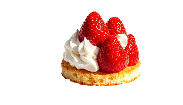 Fresh strawberry shortcake topped with whipped cream and ripe strawberries, vibrant colors, realistic texture, isolated on transparent background