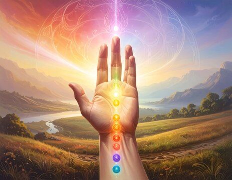Spiritual Hand With Chakra Points Over Mountain Landscape