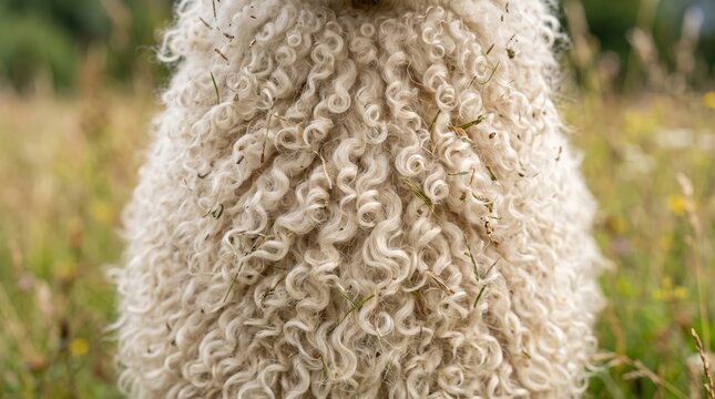 Close up detailed view of curly sheep fleece with grasses and seed heads entangled, textured wool filling frame in pastoral field