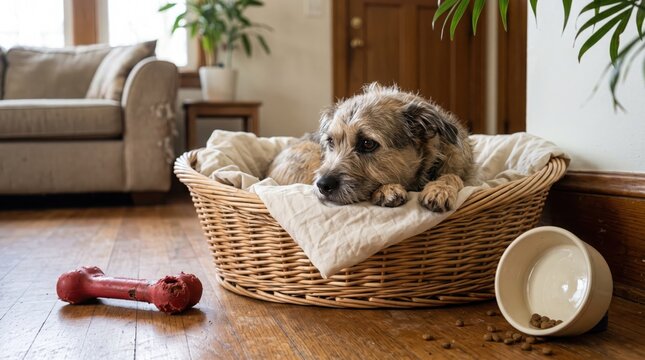 A scruffy terrier dog resting in a wicker basket bed on a hardwood floor with a red chew toy and a food bowl nearby