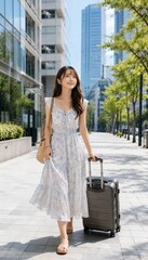 Fototapeta premium スーツケースを引いて夏の街から旅行へ出発する若い女性