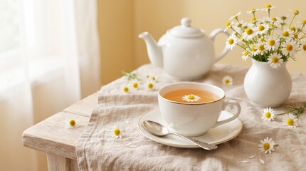 Fototapeta premium Chamomile tea in a white cup on a wooden table with flowers with teacup filled chamomile table vase daisies serene still life relaxation beverage soothing teapot herbal with napkin