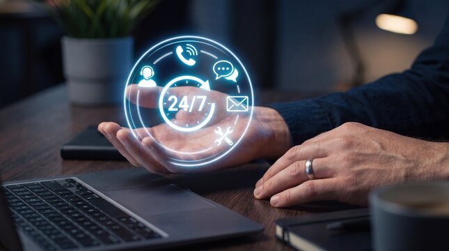 Customer service 24 7 support icon hologram in hand