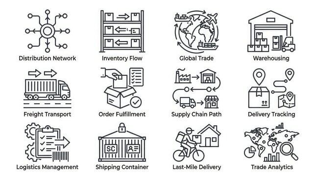 Supply chain management concepts icon pack with distribution logistics with representing various supply white icons representing collection black white