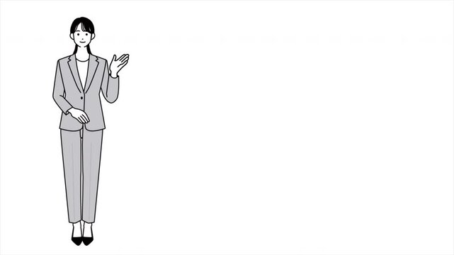 お辞儀をして話すビジネスウーマンのイラストアニメーション・プレゼンテーション動画・白背景